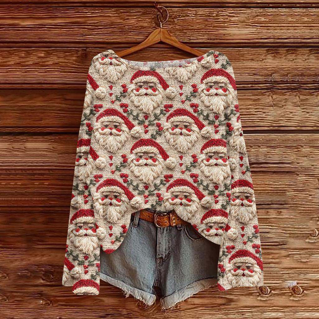 Ladies' Fashionable Casual Long Sleeved Christmas Printed Round Neck Knitted Yarn
