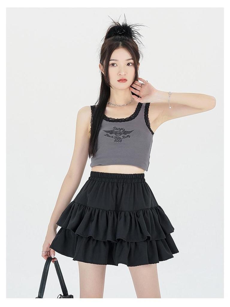 Women's Summer Black A-line Puff Short Skirt - Elastic Waist, Slimming, Anti-Exposure.