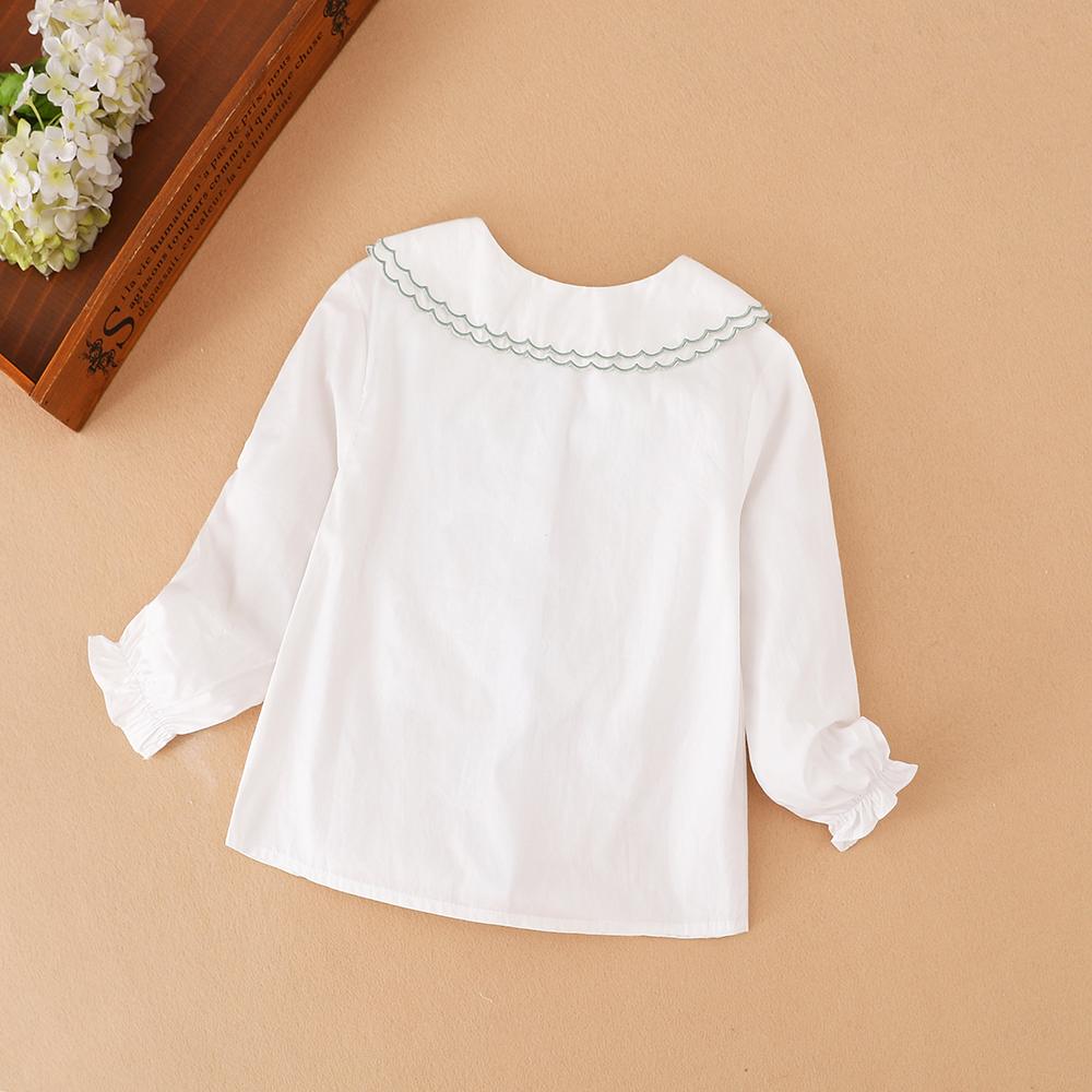 Camisa de Menina Colarinho Bordado Blusa de Manga Comprida para Menina Bebê Fofa Idade 2-6 Camisa Infantil Branca