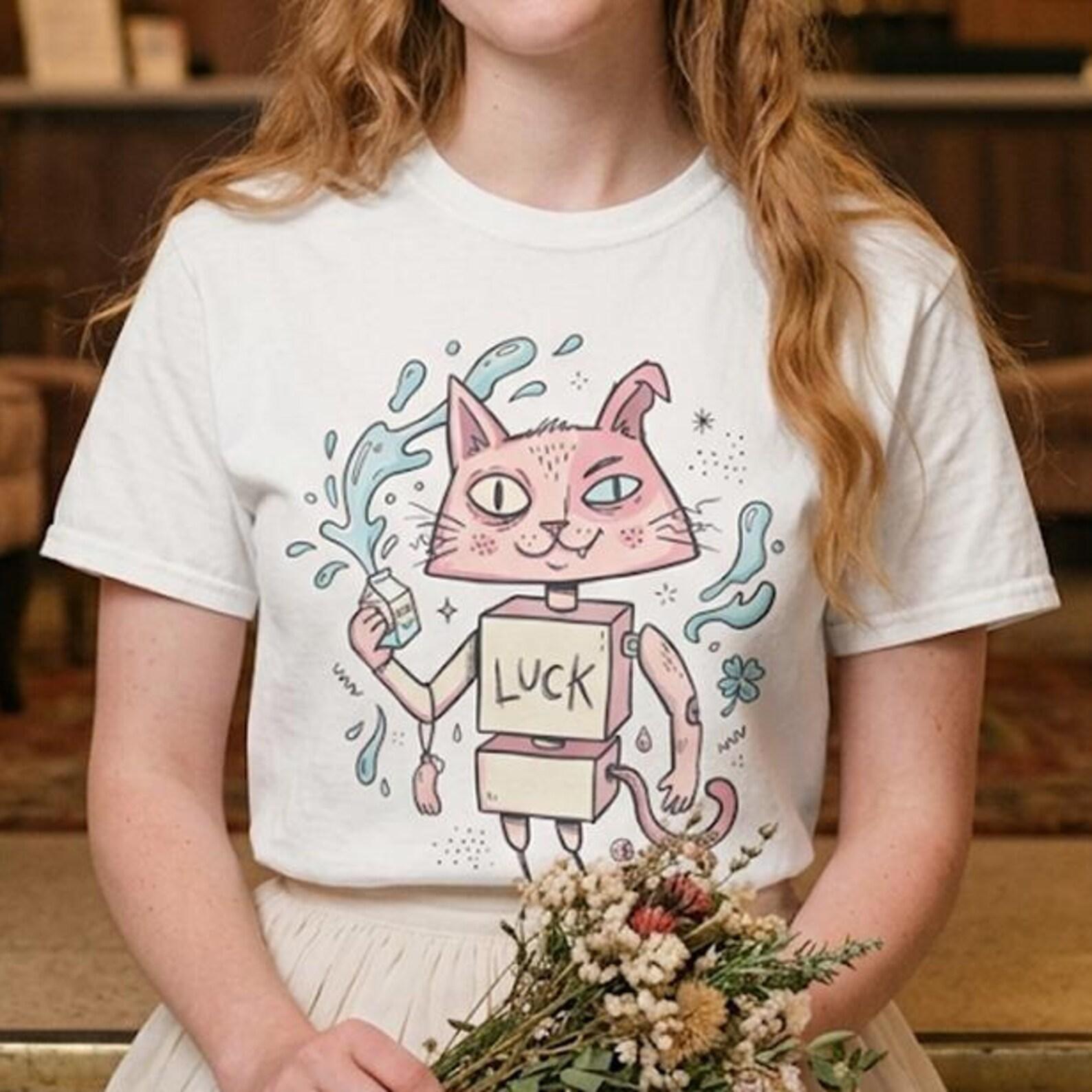 Surreal Robot Cat T-Shirt | Pink Lucky Cat Graphic Tee, Indie Lowbrow Art Shirt 4XL