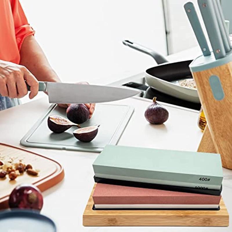 1Set Kitchen Knife Sharpening Stones Set Knife Sharpening Kit 400/1000 3000/8000 Grit Wet Stone Flattening Stone Angle Guide Leather Strop