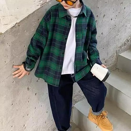 

Хлопковая рубашка с длинным рукавом для мальчиков - Тренд 2023 года в корейском стиле для детей 140cm зелёный