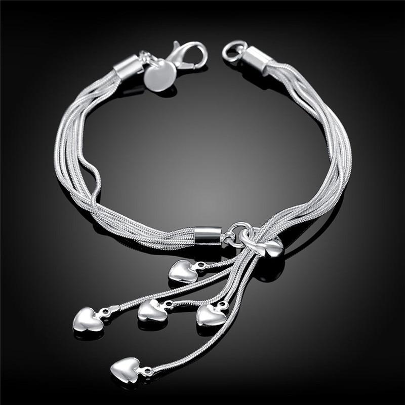 925 Sterling Silver Tassel Heart Charm Bracelet &Bangle For Women Girls Party Wedding Jewelry Pulseras Mujer Sl256