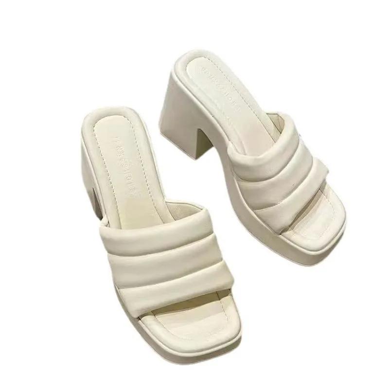 Fashion Summer High-heeled Casual Women Fish Mouth Shoes Ladies Shoes On Sale Fashion New Square Toe Anti-wrinkle Women's Slippers