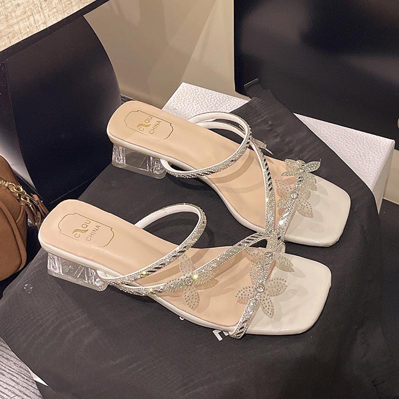 High heels women's summer 2025 new butterfly rhinestone word with crystal heel slippers square head thick heel slippers women