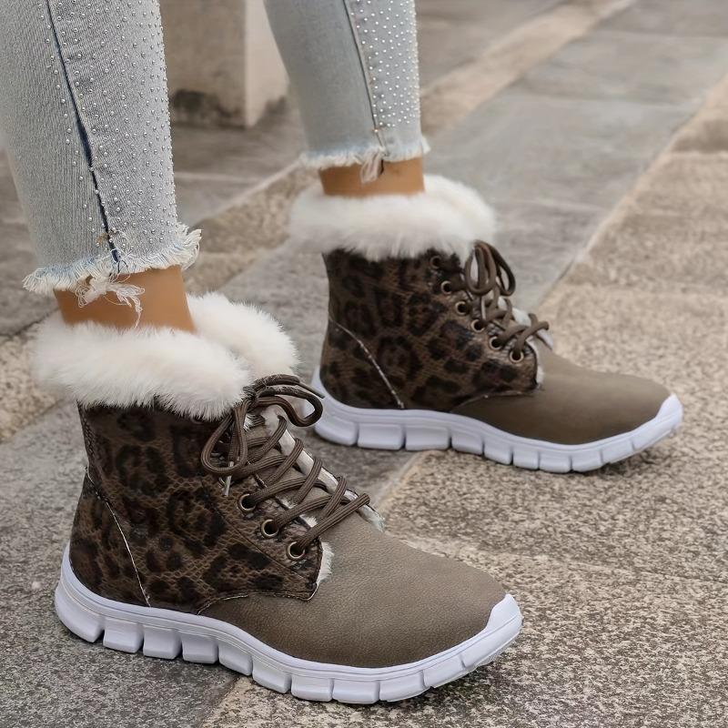 Women's Winter Ankle Boots, Mid Heel Platform Lace-Up Short Booties with Faux Fur Trim, Solid Color Plain Toe, Man-Made Upper