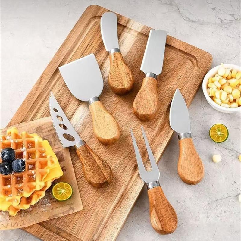 6pcs Cheese Knives Set Cheese Cutlery Steel Stainless Cheese Slicer Cutter Wood Handle Mini Cheesse Butter Knife Spatula Fork