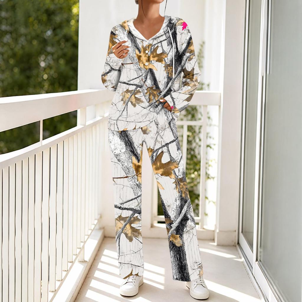 Women's Casual Hooded Pajama Set with V-Neck, Long Sleeves, Loose Fit, Print and Pockets for and Sleep