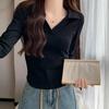 Retro Polo Lapel Long-sleeved T-shirt for Women Early Autumn New Design V-neck Slim Pleated Waist Bottoming Top