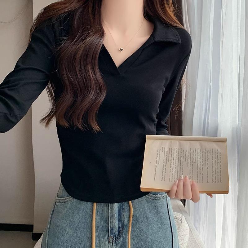 Retro Polo Lapel Long-sleeved T-shirt for Women Early Autumn New Design V-neck Slim Pleated Waist Bottoming Top