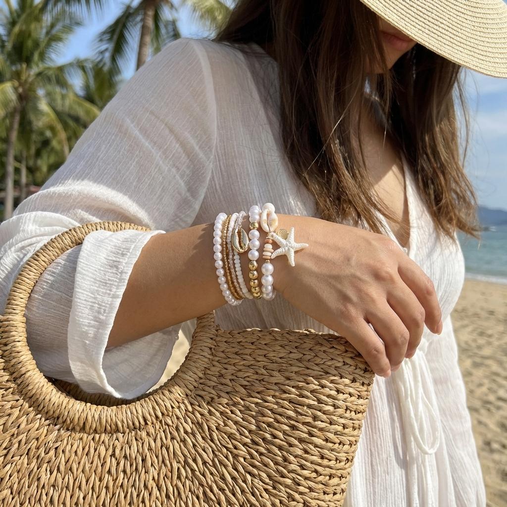 Stackable Starfish Shell Elastic Bracelet Set for Women Dainty Imitation Pearl Beaded Bracelet Vacation Party Jewelry Gift