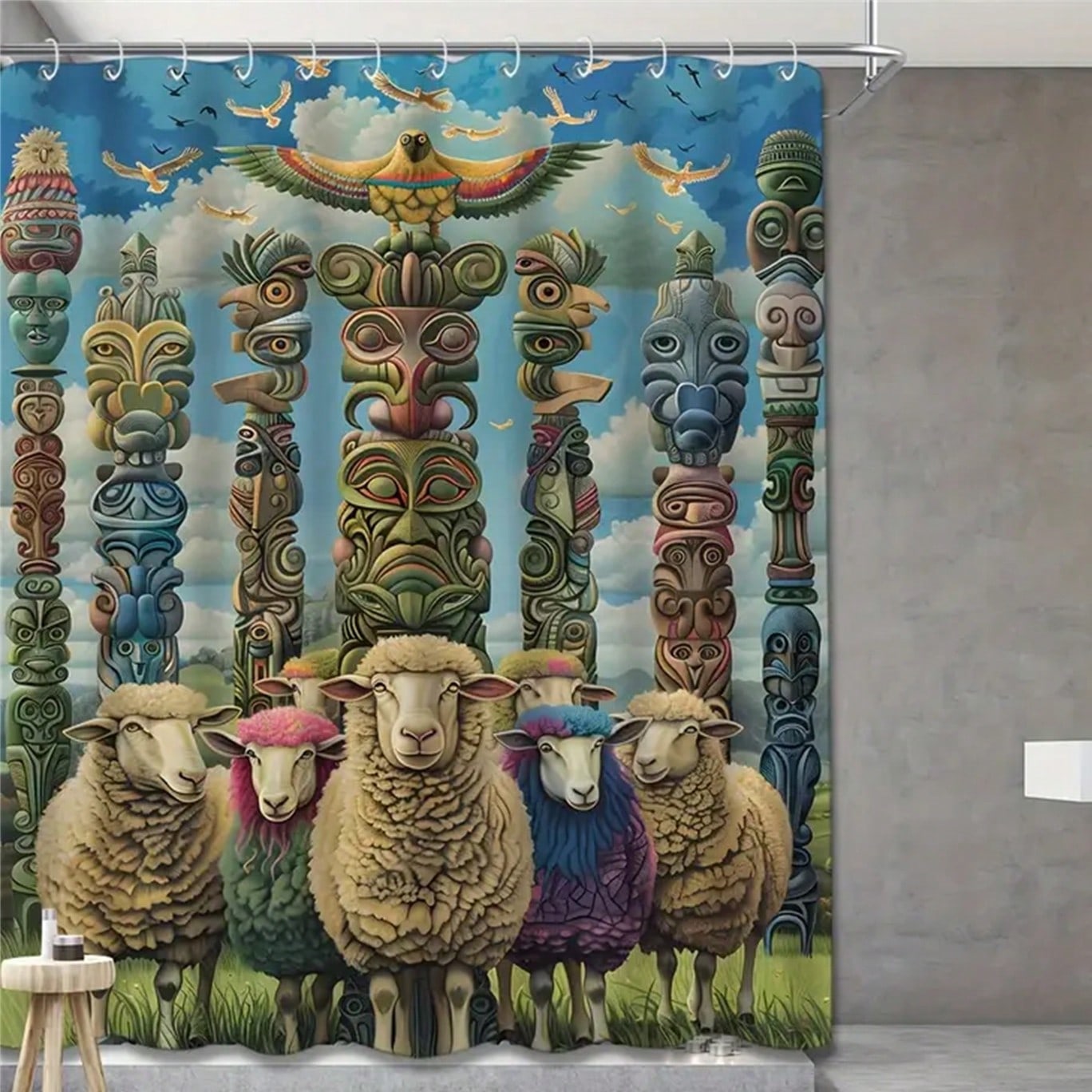 

Sheep Totem Shower Curtain: Embrace The Quirky Design, Soft Fabric, And Cultural Vibes For Your Unique Bathroom W60H190(CM)-1 Pcs
