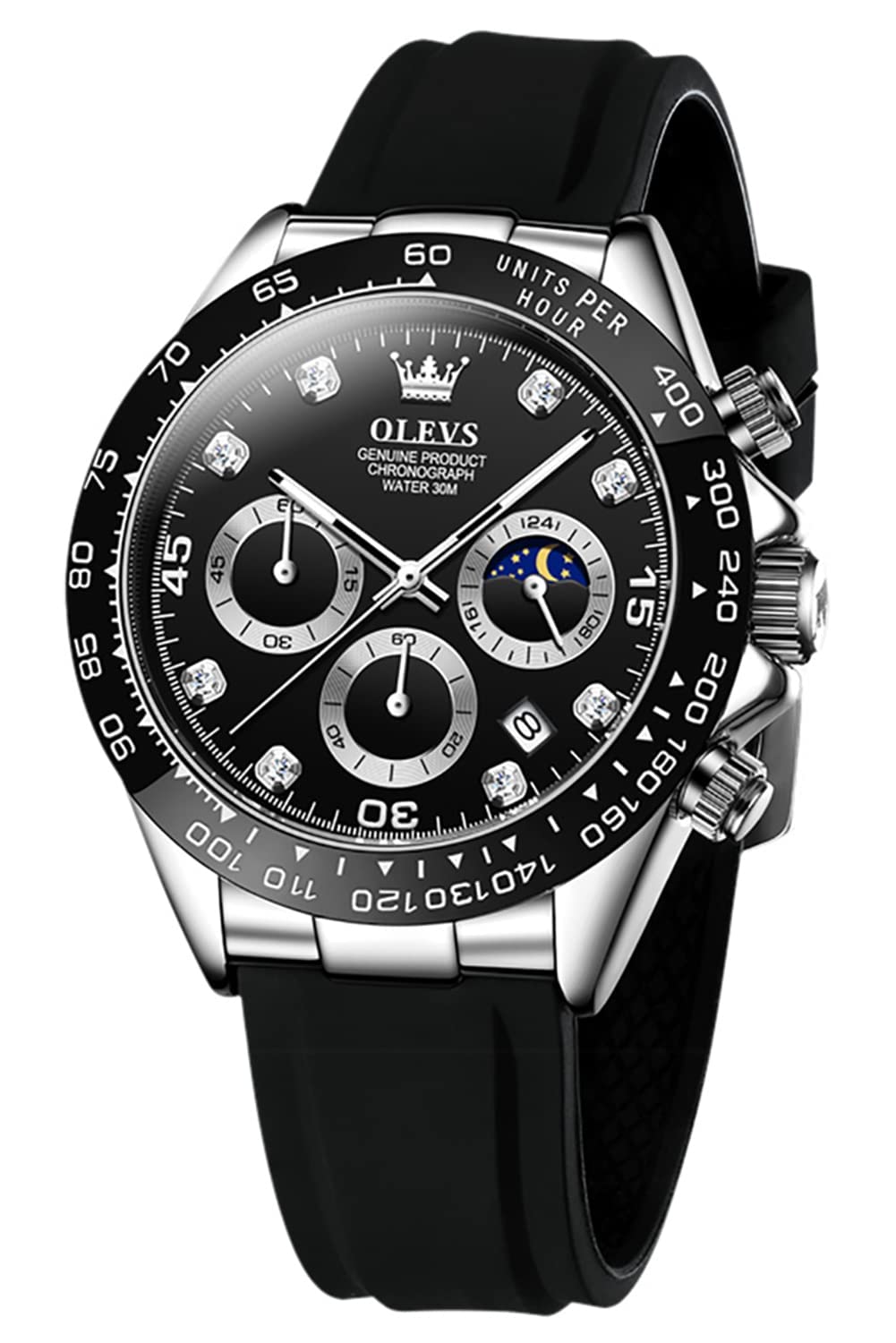 

OLEVS Men s Watch, Cool Analog Quartz Arm Watch, Men s Moon Phase Stopwatch, Crystal, Waterproof, Luminous, Date, Black…