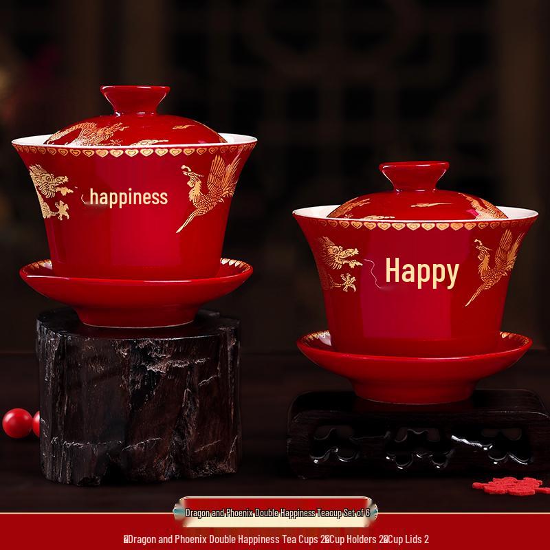Festive Red Wedding Tea Set: Lidded Bowls, Tea Cups, and Chopsticks