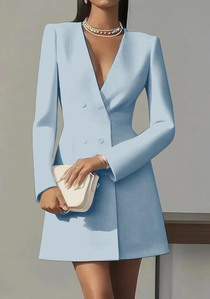 Chic Women French Style Blazer Dress V‑Neck Double Breasted Solid Color Long Sleeve Mini Dress Elegant Office Business Commuter Party Short Dress