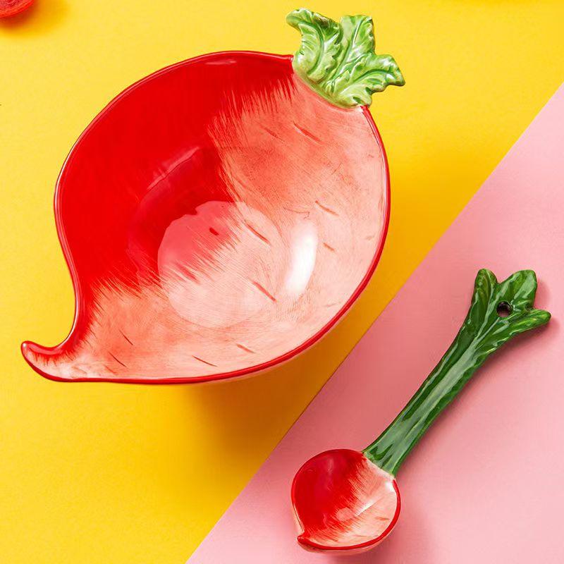 Ceramic Fruit Salad Bowl with Spoon Cartoon Vegetable Tableware Eating Rice Bowl Serving Strawberry Bowl Noodle Bowls 300ml