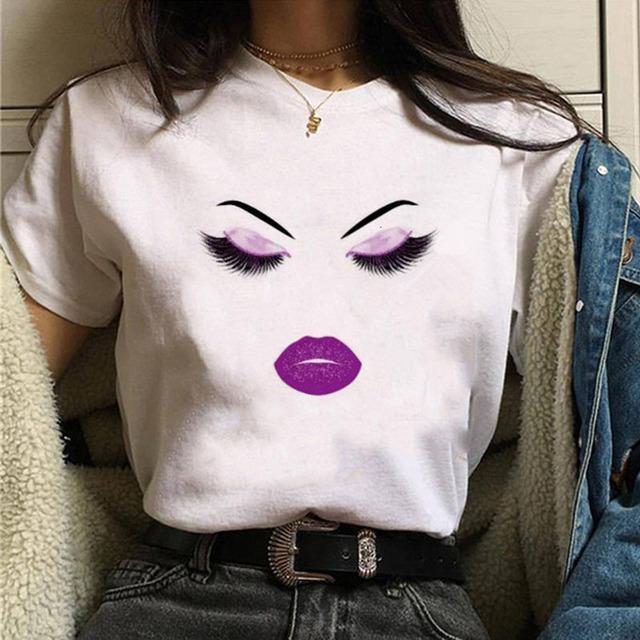 

Makeup Art Eyelashes Print Top Female T-Shirt Summer Harajuku Women Tshirt Streetwear Lady 90S Girls Short Sleeve Tee Tops S білий