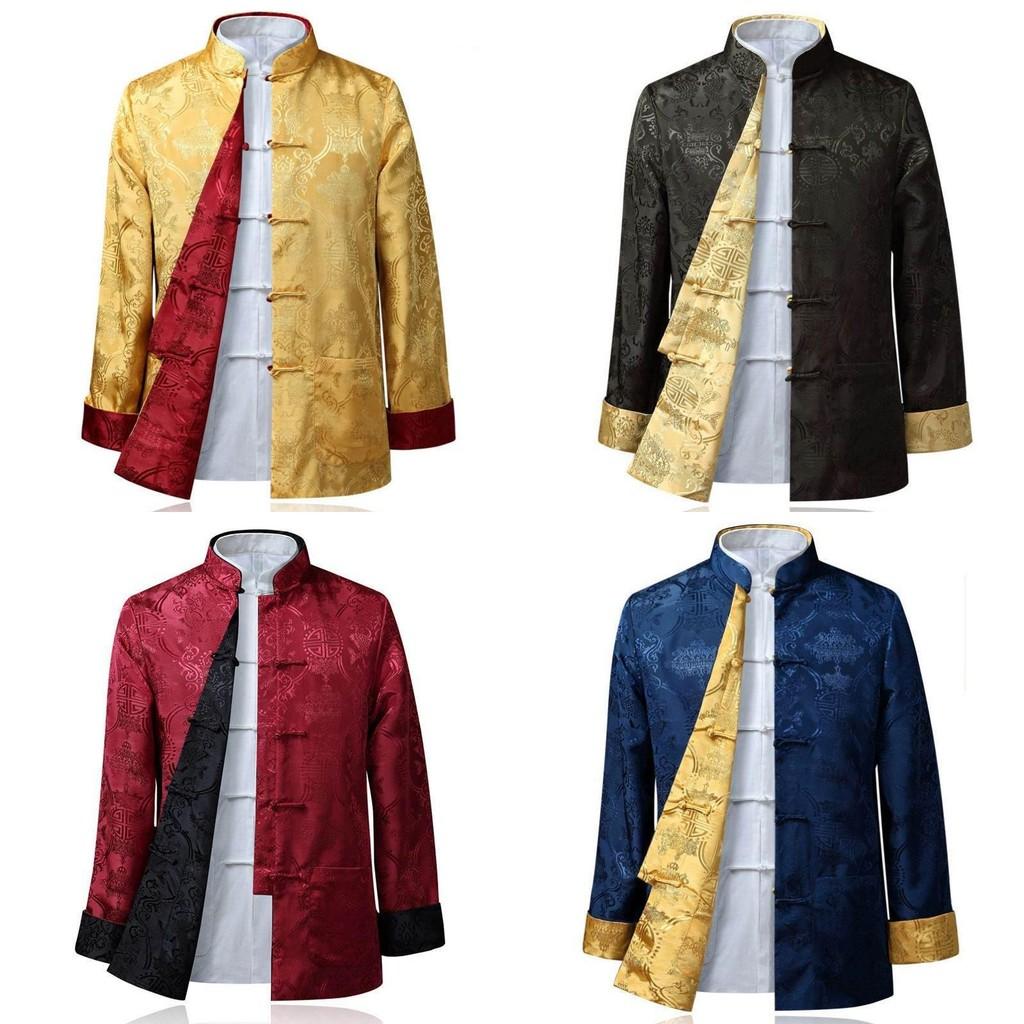 Traditional Chinese Tang Clothing Outer Jacket For Men With Doublesided Wear And Pocket Decor Perfect For Autumn