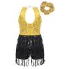 Meisjes Glanzende Pailletten Leotard Jurk Keyhole Achterkant Kwastjes Mouwloos Latijnse Jazz Hoofddeksel Set