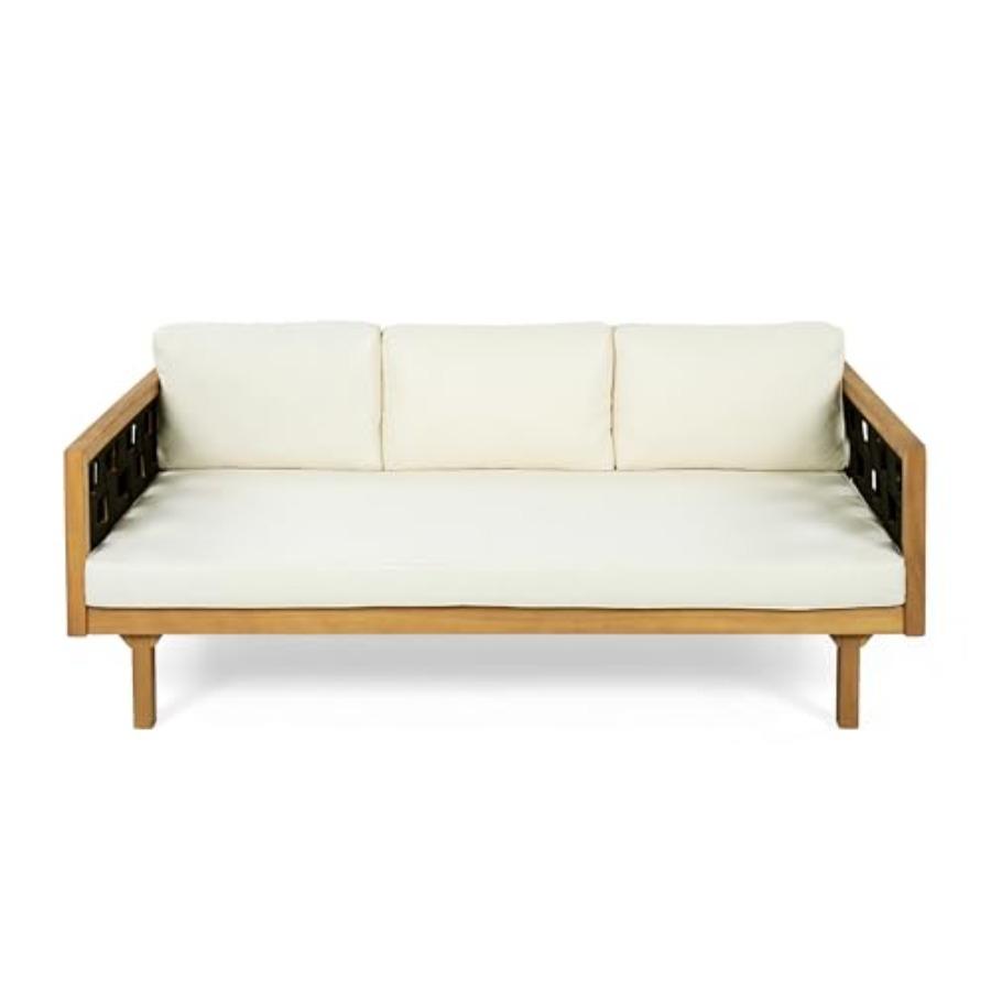 Rosie Acacia Wood Outdoor Daybed Sofa with Water-Resistant Cushion, Solid Wood Patio 3 Seater Sofa Couch, Patio Garden Lounge S