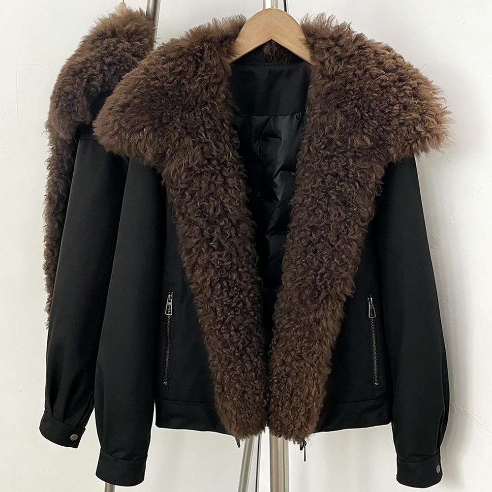 Winter new versatile commuter wind thickened warm jacket women's detachable natural real lamb fur collar down jacket