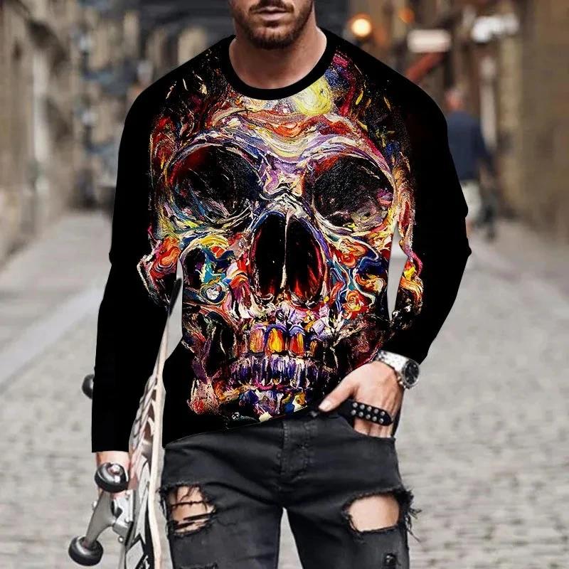 Round Neck 3D Skull Printed Top Fashionable Long Sleeved Men's T-shirts - Soft Medium Stretch Polyester Fabric Spring and Autumn Relaxed Fit Clothing