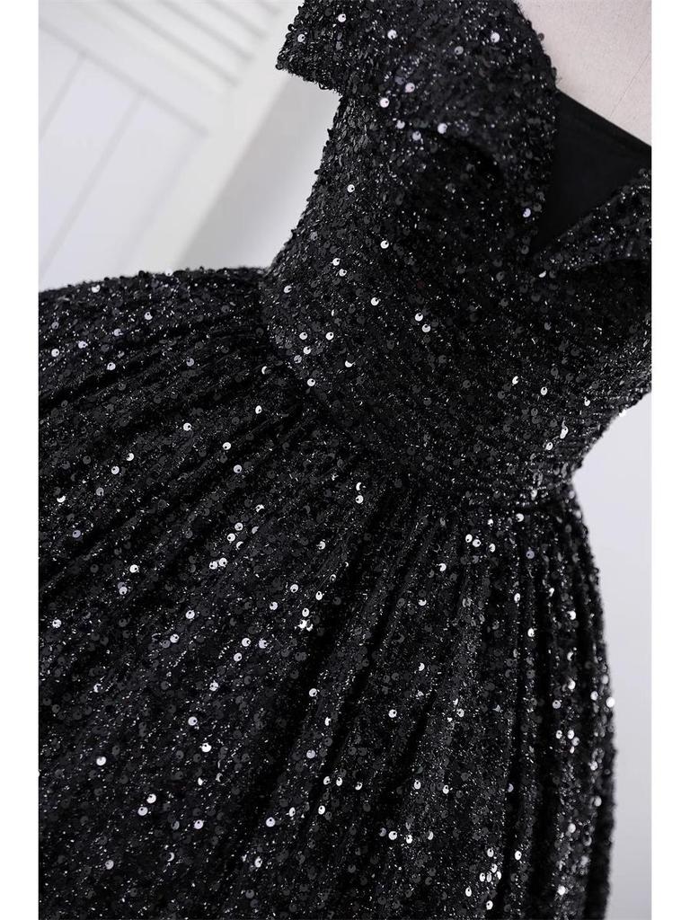 Off-the-Shoulder Sequined Evening Gown for Women: Ideal for Performances, Beauty Pageants, and Gala Events with Puffy Long Skirt.
