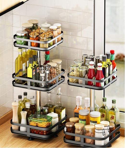 360°Rotating Kitchen Spice Rack Round Storage Container Non-Skid 2 Tier Turntable Organizer Storage Tray Cosmetics Organizer