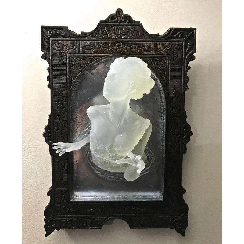 Luminous Ghost In The Mirror Wall Sculpture,Halloween Wall Plaque with Glow Effect, Indoor/Outdoor Creative Decor for Home, Party, Yard