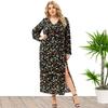 Plus Size Xl -5xl New Fashion   Summer Women Long Sleeved Floral Split Dress Black Dresses Mother Clothes