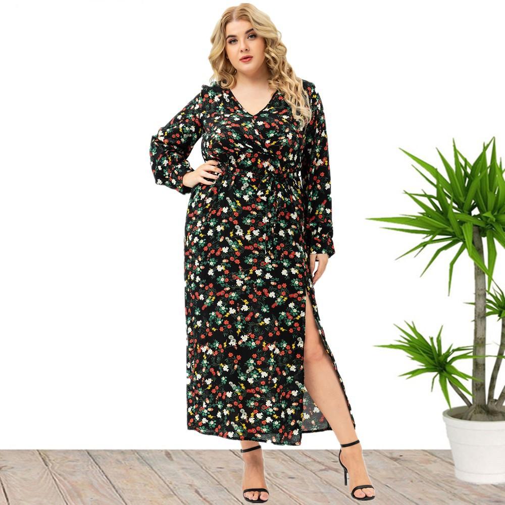 Plus Size Xl -5xl New Fashion   Summer Women Long Sleeved Floral Split Dress Black Dresses Mother Clothes