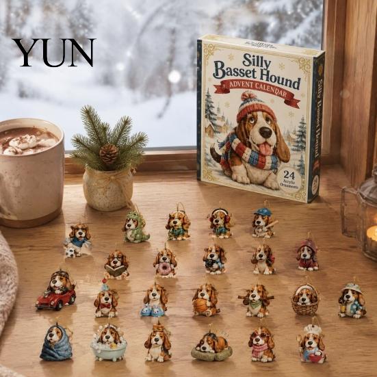 Vánoční adventní kalendář Box Psí kalendář, 24 ks Akrylová 2D sada ozdob pro mazlíčky s odpočítáváním do dárku, závěsná šňůrka, dekorace na stromek, pro milovníky