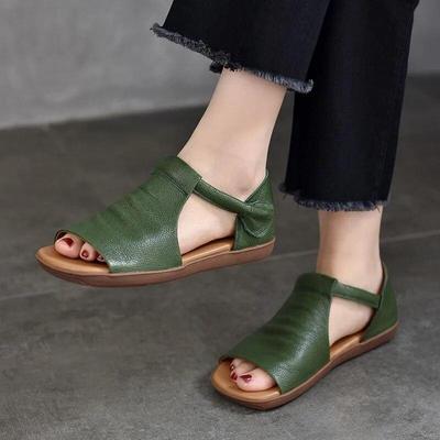 Peep Toe Flat Sandals Retro Genuine Leather Comfortable Soft Sole Versatile Women's Shoes