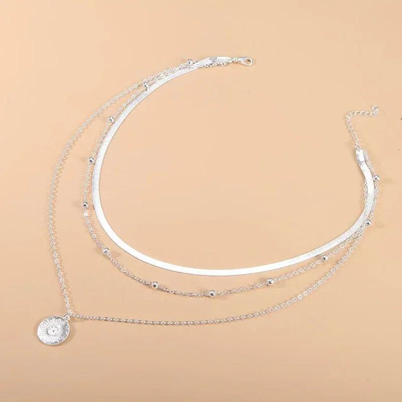 925 Silver Three Layer Necklace Women Simple Snake Chain Charm Ball Party Gift Exquisite Jewelry