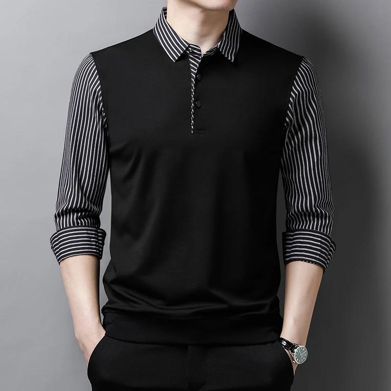 New Men's Casual and Fashionable Long Sleeved POLO Shirt with Contrasting Print Anti Wrinkle Top