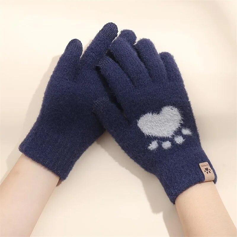 Fashion Cat Paw Printing Gloves Mobile Phone Touchscreen Knitted Gloves Winter Thick & Warm Adult Soft Fluffy Gloves Men's Women