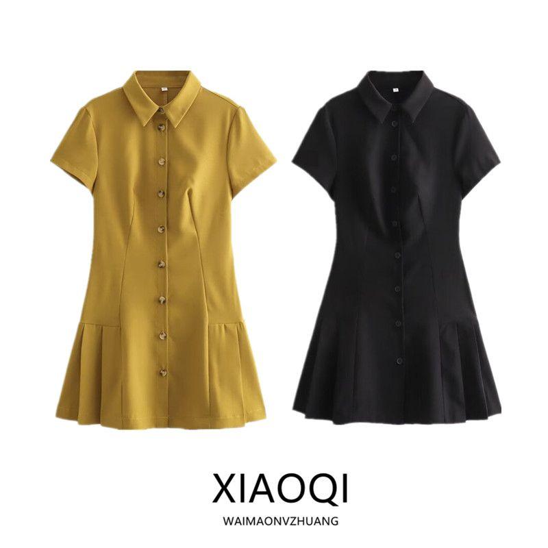 Fashion Style 2024 Summer New Arrival Women's Wide Pleated Black Dress Shirt Style Mini Dress 2674870
