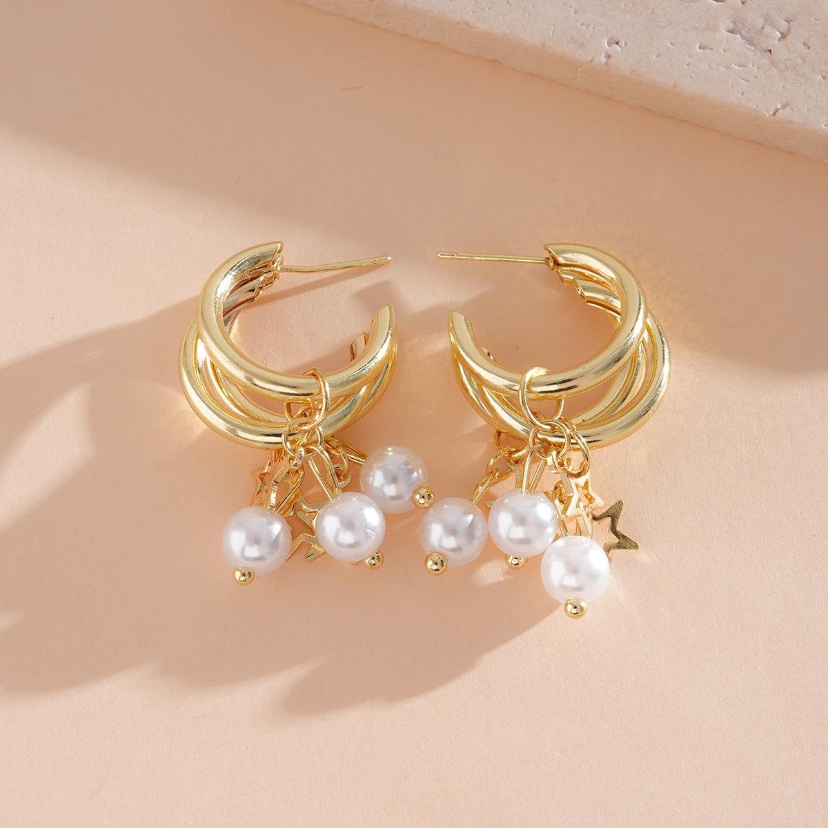 

Multi-layer C-shaped star imitation pearl tassel silver needle stud earrings niche earrings