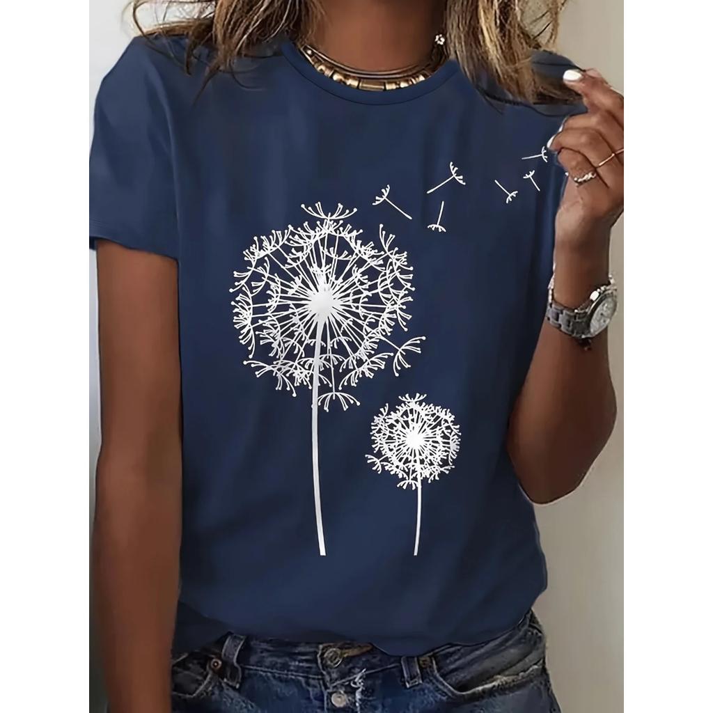 Dandelion Print Crew Neck T-Shirt, Casual Short Sleeve Top For Spring & Summer, Women's Clothing