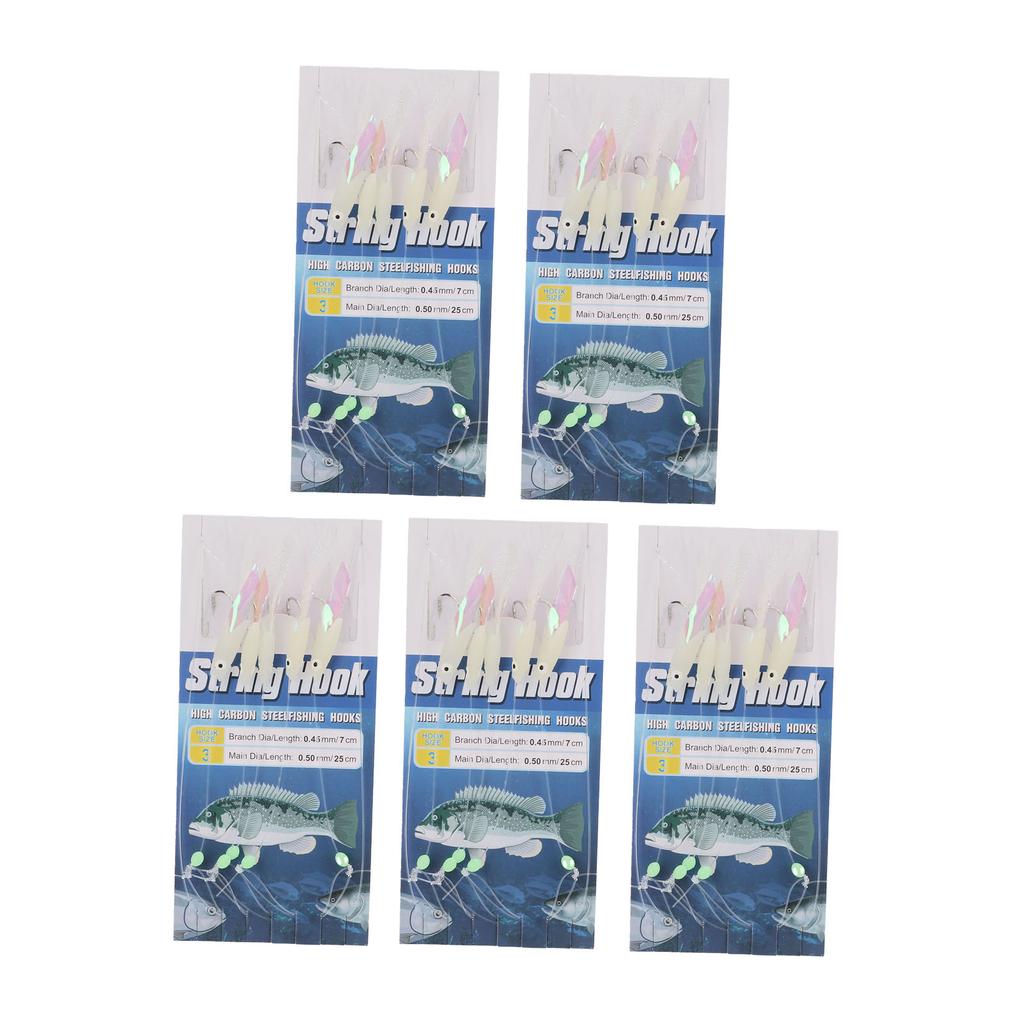 5 Set Luminous Feather Fishing Lure Bait Rigs Fish Skin Glow Fishing Lure Carbon Steel Lure String Hooks with 5 Hooks 3