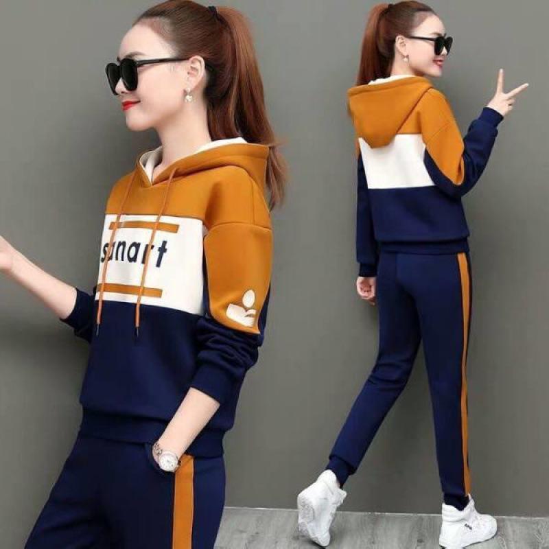 Casual Sportswear Suit for Women Spring and Autumn Korean Style Fashion Printed Hooded Sweatshirt Two-piece Set for Women
