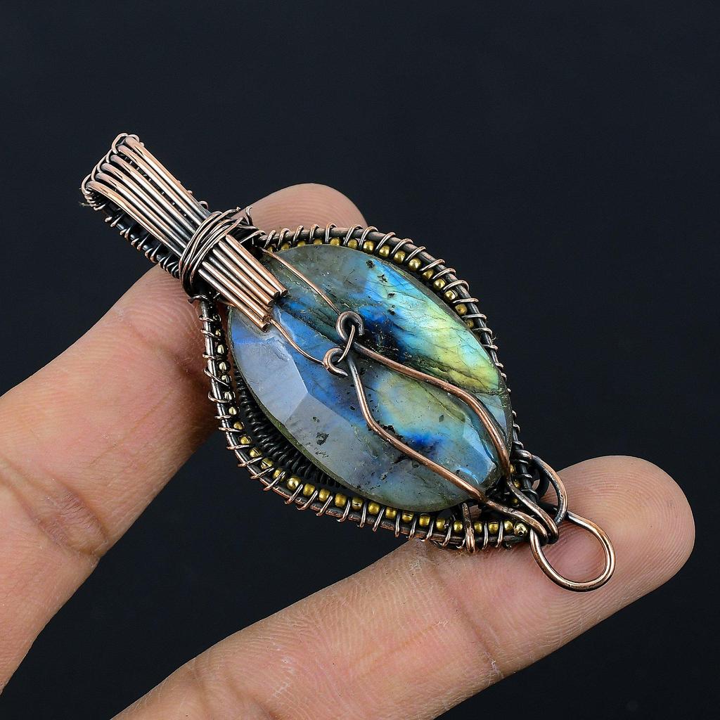Labradorite Pendant, Handmade Gemstone 999 Copper Wire Wrapped Pendant Antique Jewelry, For Gift Silver Jewelry