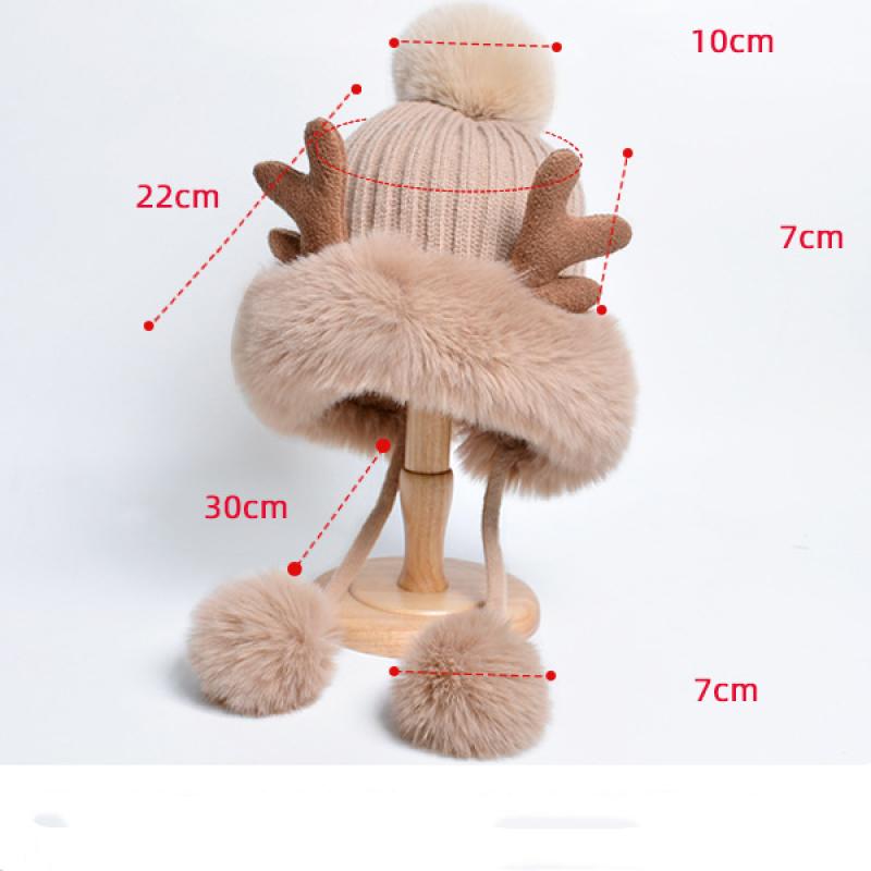 New Antler Knitted Woolen Hat Plush Ear Protection Head Hat Korean Version Three Hairy Ball Thick Warm Hat Women
