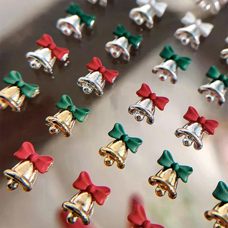 5Pcs Christmas Alloy Nail Accessories Mini Colored Bow Bell Rhinestones Jewelry Nail Art Charms Decorations 3D Flat Back Parts