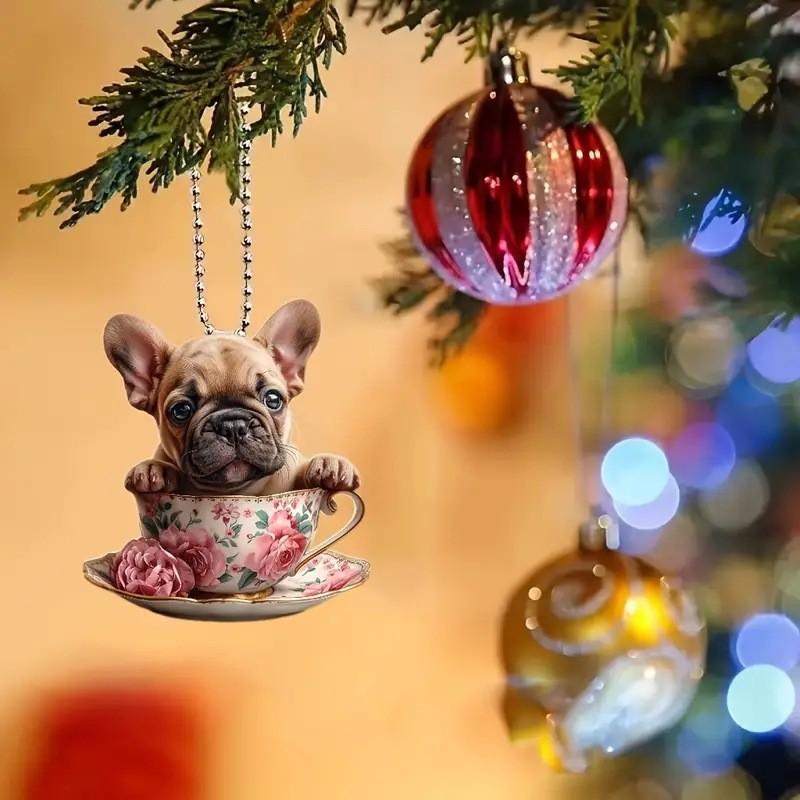 Creative Cartoon Acrylic Flat Dog Tea Cup Car Hanging Ornament For Interior Decoration