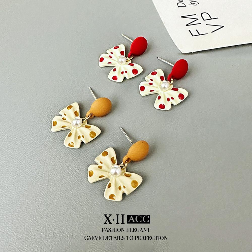 Silver Needle Red Polka Dot Bow Earrings Exquisite Cute Sweet Earrings Small Fresh Temperament Fairy Earrings