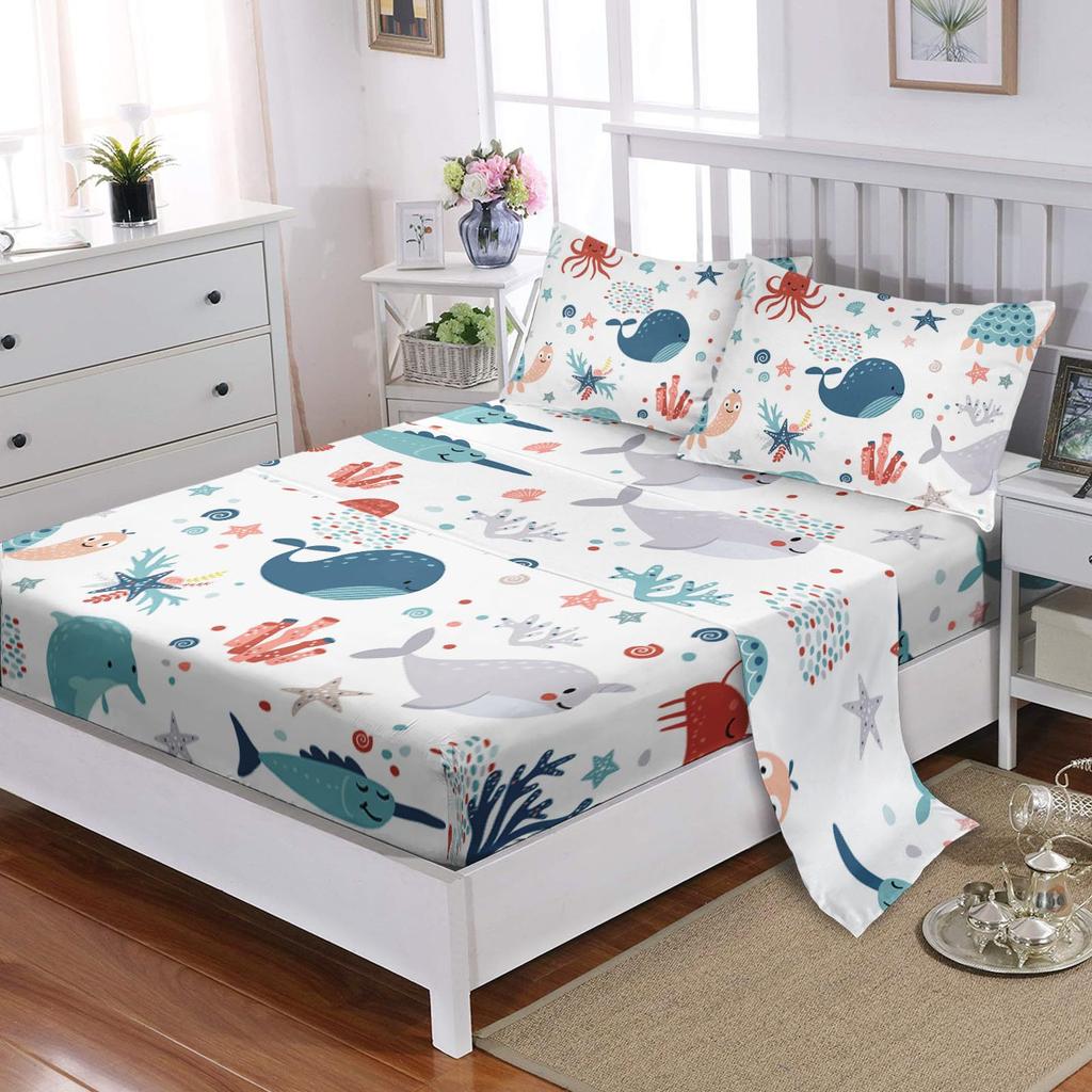 Cartoon Ocean Shark Whale Pattern Sheet Four-piece Bedding Set Bedroom Dormitory Bedding