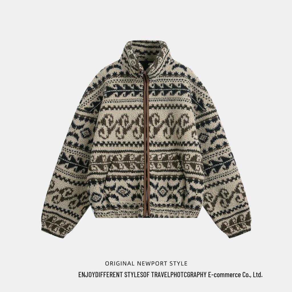 Men's Custom Ethnic Jacquard Fleece Jacket - Autumn Winter Stand Collar, Short Wide Silhouette, Warm Outerwear