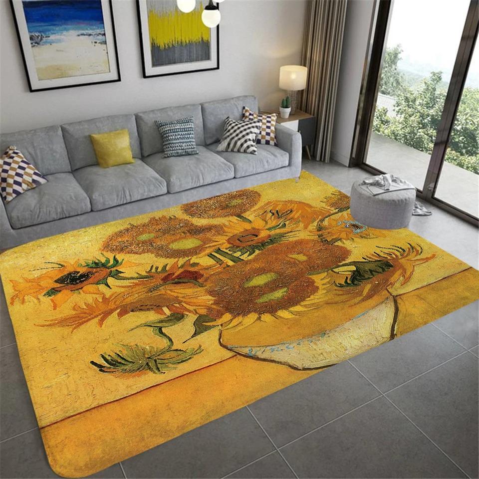 Van Gogh Art Style Sunflower Floral Oil Painting Rug  Artistic Living Room Carpe Durable Home Decor