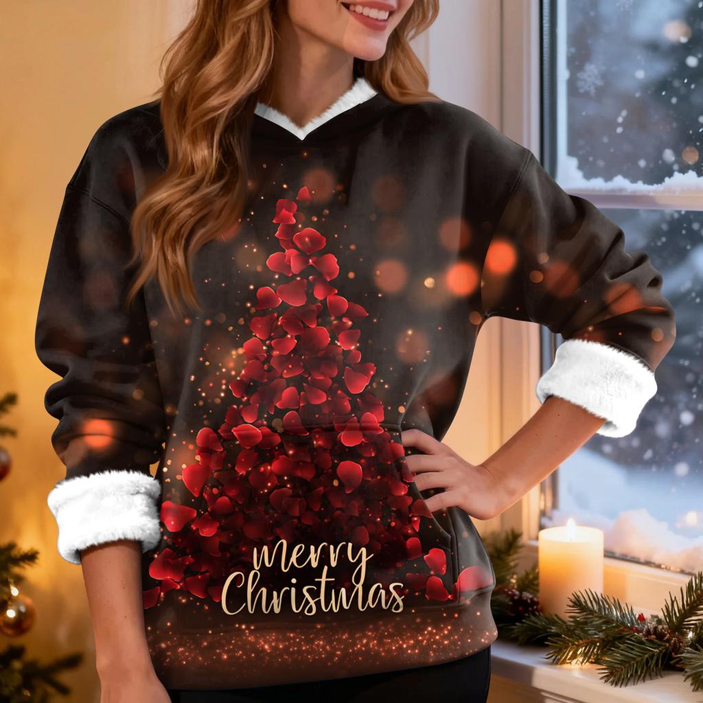 Women's Casual Fashion Plus Velvet Thickened Christmas Print Hooded Sweatshirt